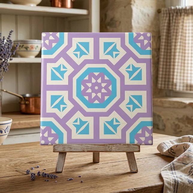 Turquoise White & Purple Elegant Geometric Pattern Ceramic Tile (Creator Uploaded)