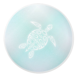 Turquoise White Sea Turtle Nautical Ceramic Knob
