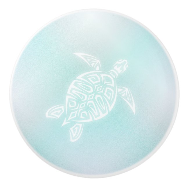 Turquoise White  Sea Turtle | Nautical Ceramic Knob (Front)