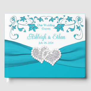 Turquoise, White, Silver Love Hearts Wedding Guest Book