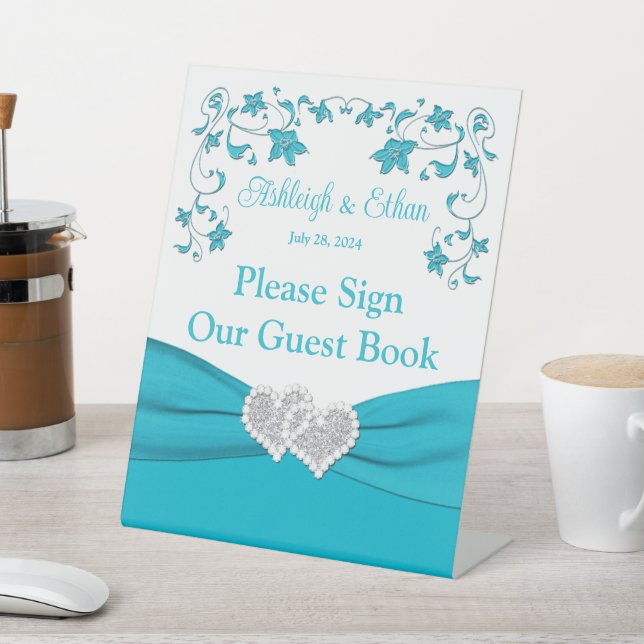 Turquoise, White, Silver Love Hearts Wedding Pedestal Sign (In SItu)