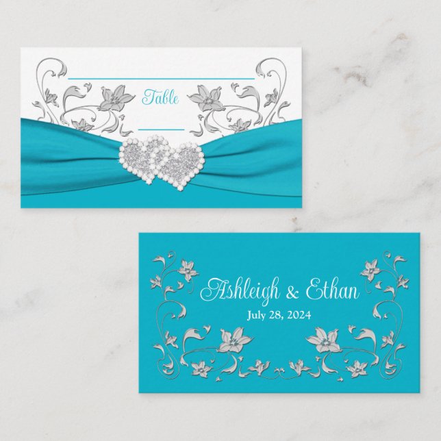 Turquoise, White, Silver Love Hearts Wedding Place Card (Front/Back)