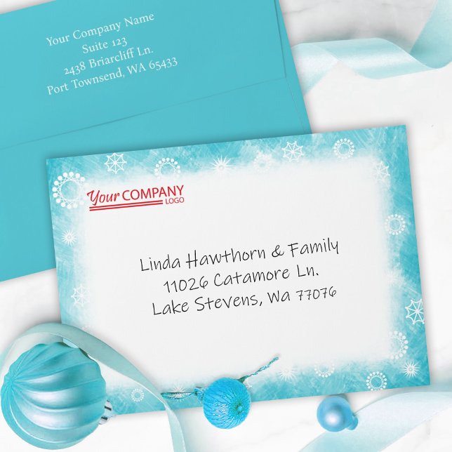 Turquoise, White Snowflake Winter Christmas Logo Envelope (turquoise teal cyan aqua white snowflake company holiday card envelopes, red business logo Christmas)