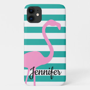 Turquoise White Stripe Personalised Pink Flamingo iPhone 11 Case