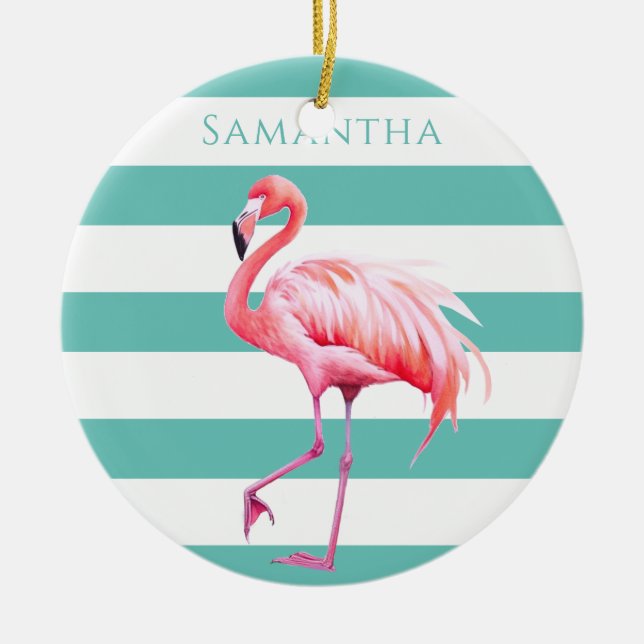 Turquoise White Stripes Pink Flamingo Christmas Ceramic Ornament (Front)