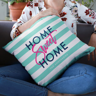 Turquoise & White Stripes Pink Home Sweet Home Cushion