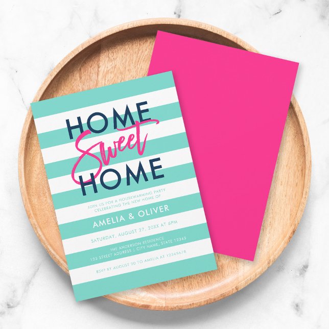 Turquoise & White Stripes Pink Housewarming Party Invitation (Creator Uploaded)
