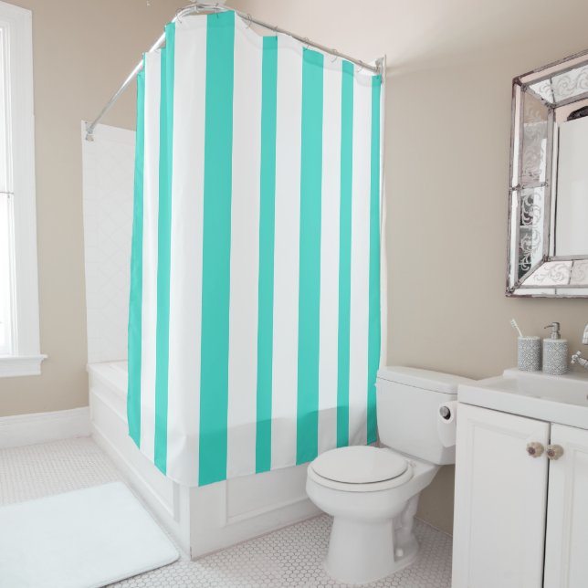 Turquoise White Summer Stripes Shower Curtain (In Situ)