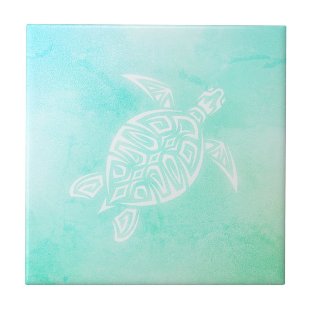 Turquoise White Turtle Coastal Maritime Watercolor Ceramic Tile (Front)