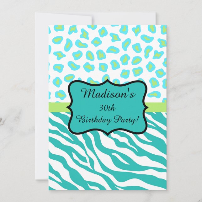 Turquoise White Zebra Leopard 30th Birthday Party Invitation (Front)