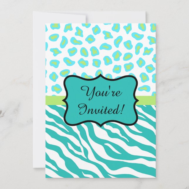 Turquoise White Zebra Leopard Invitation (Front)