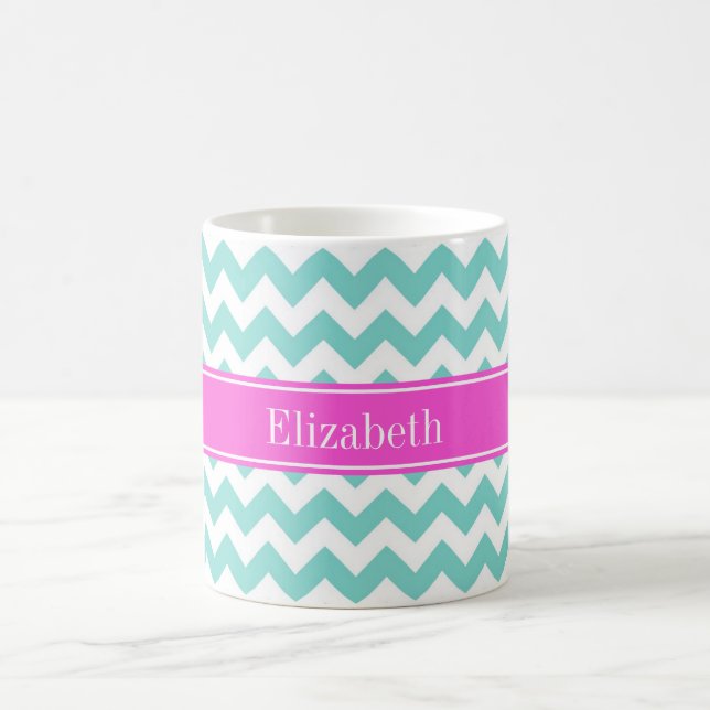 Turquoise Wht Chevron Hot Pink Name Monogram Coffee Mug (Center)