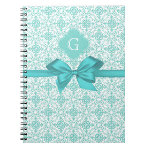 Turquoise Wht Damask #2 Turquoise Label Bow Notebook