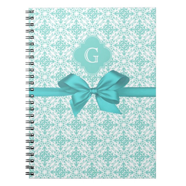 Turquoise Wht Damask #2 Turquoise Label Bow Notebook (Front)