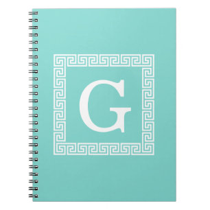 Turquoise Wht Greek Key Frame #1 Initial Monogram Notebook
