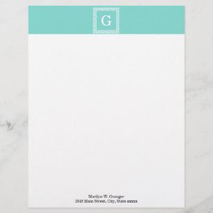 Turquoise Wht Greek Key Frame #1 Initial Monogram Personalized Letterhead