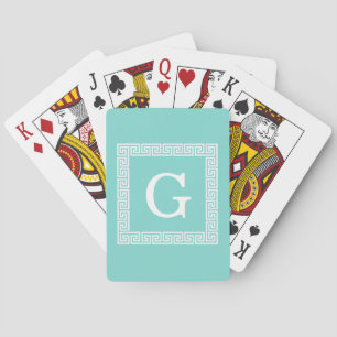 Turquoise Wht Greek Key Frame #1 Initial Monogram Playing Cards
