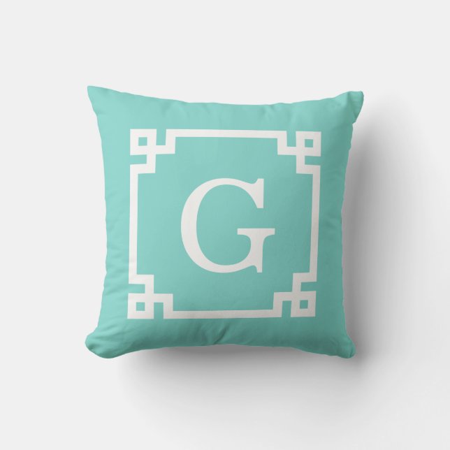 Turquoise Wht Greek Key Frame #2 Initial Monogram Cushion (Front)