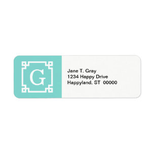 Turquoise Wht Greek Key Frame #2 Initial Monogram Return Address Label
