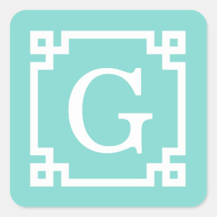 Turquoise Wht Greek Key Frame #2 Initial Monogram Square Sticker