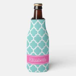 Turquoise Wht Moroccan #5 Hot Pink2 Name Monogram Bottle Cooler
