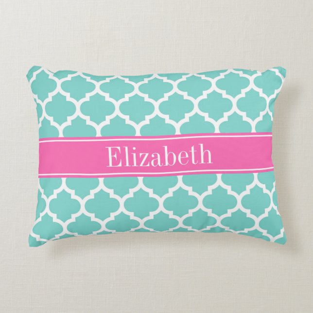 Turquoise Wht Moroccan #5 Hot Pink2 Name Monogram Decorative Cushion (Front)
