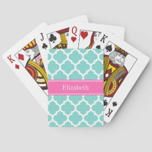 Turquoise Wht Moroccan #5 Hot Pink2 Name Monogram Playing Cards