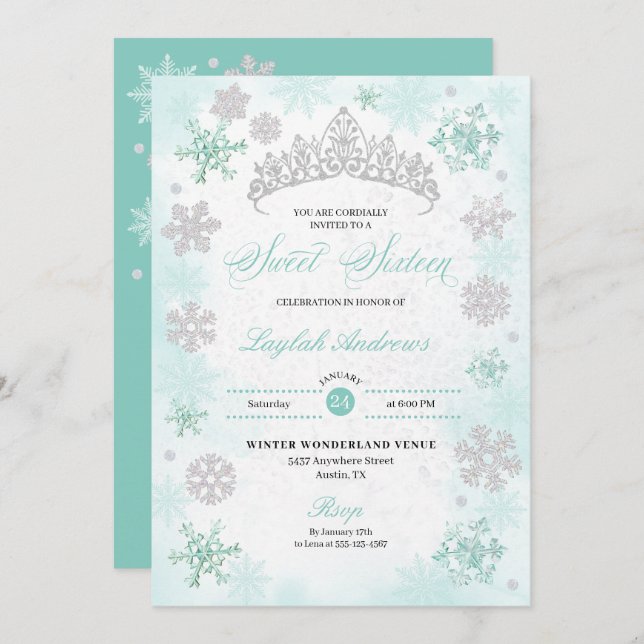 Turquoise Winter Wonderland Snowflake Sweet 16 Invitation (Front/Back)