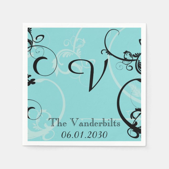 Turquoise with Black Flourish Monogram Wedding Napkin (Front)