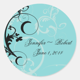 Turquoise with Black Swirl Flourish Embellishment Classic Round Sticker