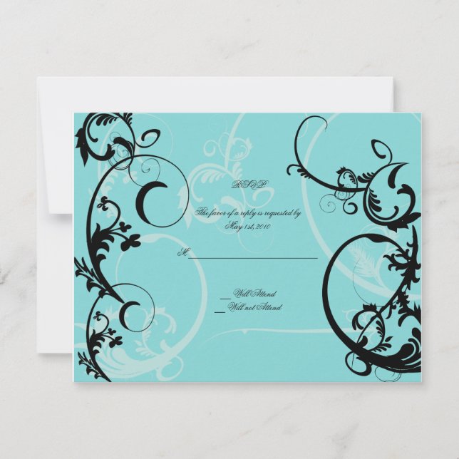 Turquoise with Black Swirl Flourish Embellishment RSVP Card (Front)