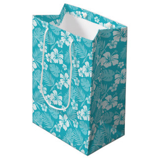 TURQUOISE WITH TROPICAL WHITE HIBISCUS FLOWERS MEDIUM GIFT BAG