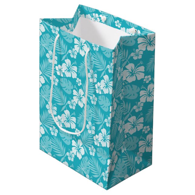 TURQUOISE WITH TROPICAL WHITE HIBISCUS FLOWERS MEDIUM GIFT BAG (Front Angled)