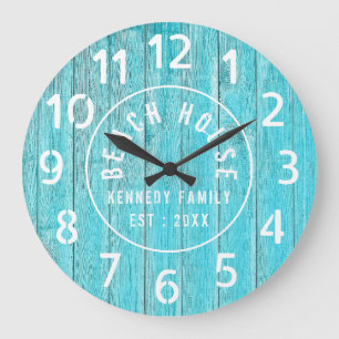 Turquoise Wood Beach House White Large Numbers Large Clock