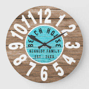 Turquoise Wood Brown Beach House White Big Numbers Large Clock