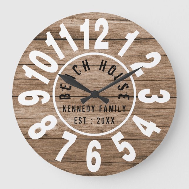 Turquoise Wood Brown Beach House White Big Numbers Large Clock (Front)
