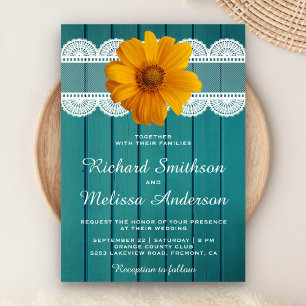 Turquoise Wood Lace Sunflower Wedding Invitation