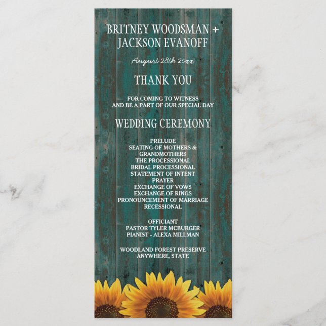 Turquoise Wood Rustic Sunflower Wedding Programs (Front)