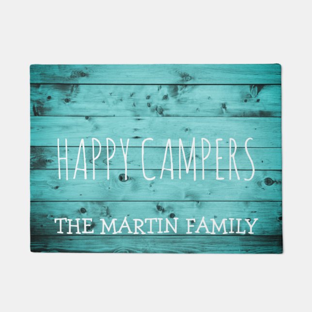Turquoise Wood Rustic Weathered Name Happy Campers Doormat (Front)