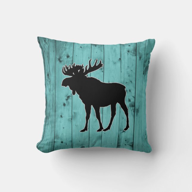 Turquoise Wood Teal Weathered Barn | Rustic Moose Cushion (Front)