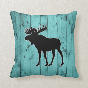 Turquoise Wood Teal Weathered Barn Rustic Moose Cushion