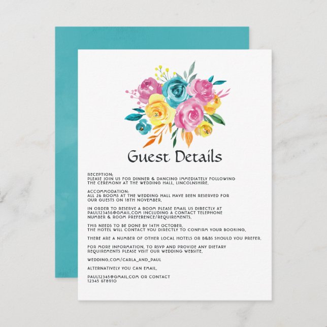 Turquoise, Yellow and Pink Floral Guest Details Enclosure Card (Front/Back)