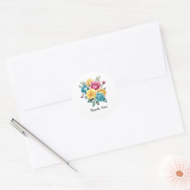 Turquoise, Yellow and Pink Floral Wedding Classic Round Sticker (Envelope)