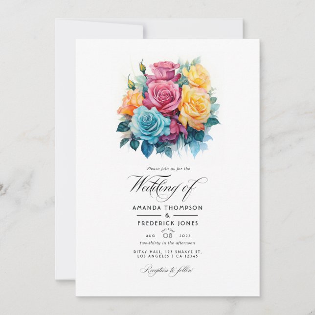 Turquoise, Yellow and Pink Floral Wedding Invitation (Front)