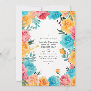 Turquoise, Yellow and Pink Floral Wedding Invitation