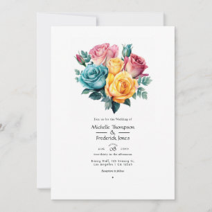 Turquoise, Yellow and Pink Floral Wedding Invitation