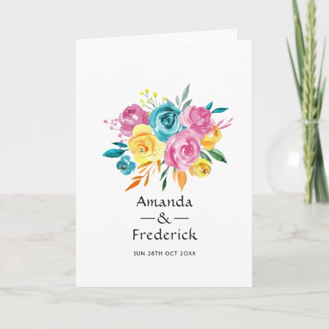 Turquoise, Yellow and Pink Floral Wedding Program (Front)