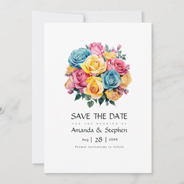 Turquoise, Yellow and Pink Floral Wedding Save The Date (Front)