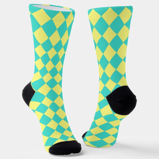 Turquoise Yellow Chequered Diamond Pattern Socks (Angled)
