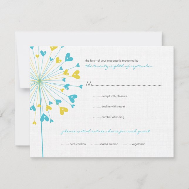 Turquoise Yellow Dandelions Love Wedding RSVP Card (Front)